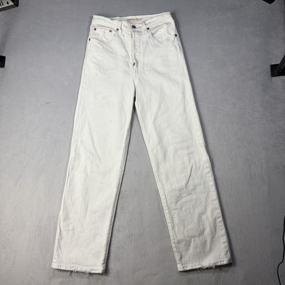Levi Ribcage Premium Jeans Women's Size 27x29 White Straight Ankle Button Fly